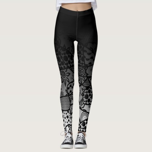Black Ombre w Black  White Pattern Abstract 3 Leggings