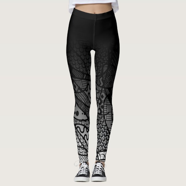 Black Ombre w/ Black & White Pattern Abstract Leggings (Front)