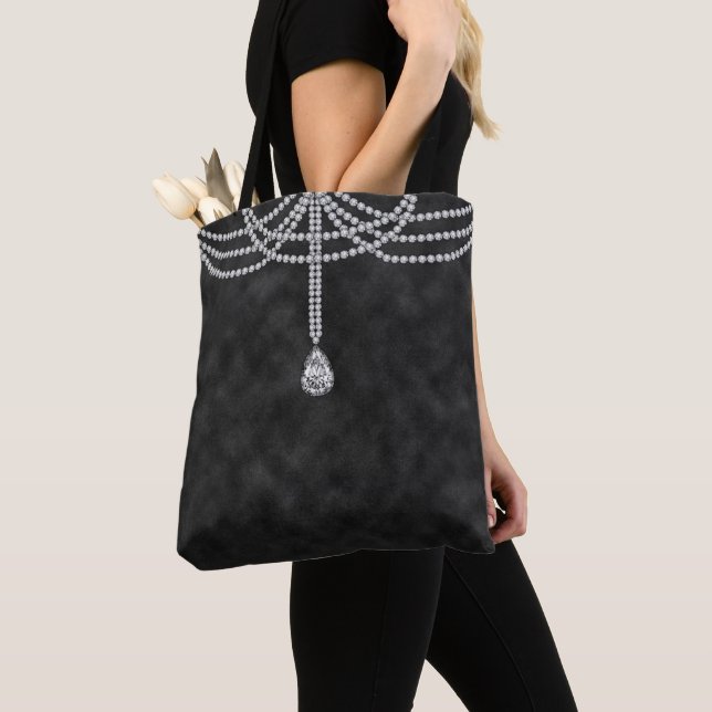 BLACK OMBRE WITH DIAMOND LOOK CHAINS STONES BEADS TOTE BAG (Close Up)