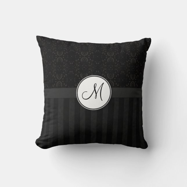 Black on Black Damask and Stripes with Monogram Throw Pillow (Front)