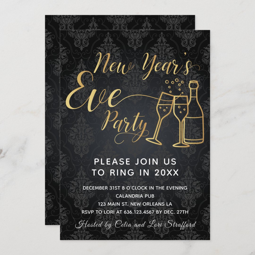 Black On Black Damask New Year's Eve Party Invitation | Zazzle