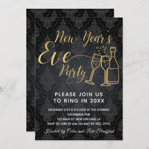 Black On Black Damask New Year's Eve Party Invitation