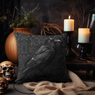 Black on Black Damask Raven Design Throw Pillow