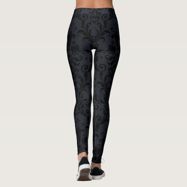 Black On Black Floral Swirls Damask Leggings (Back)