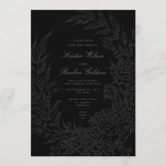 Black on Black Floral Wreath Wedding QR Code Invitation