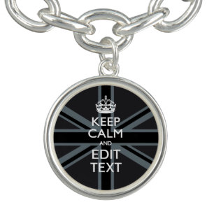 Black on Black Keep Calm and Your Text Union Jack Charm Bracelet