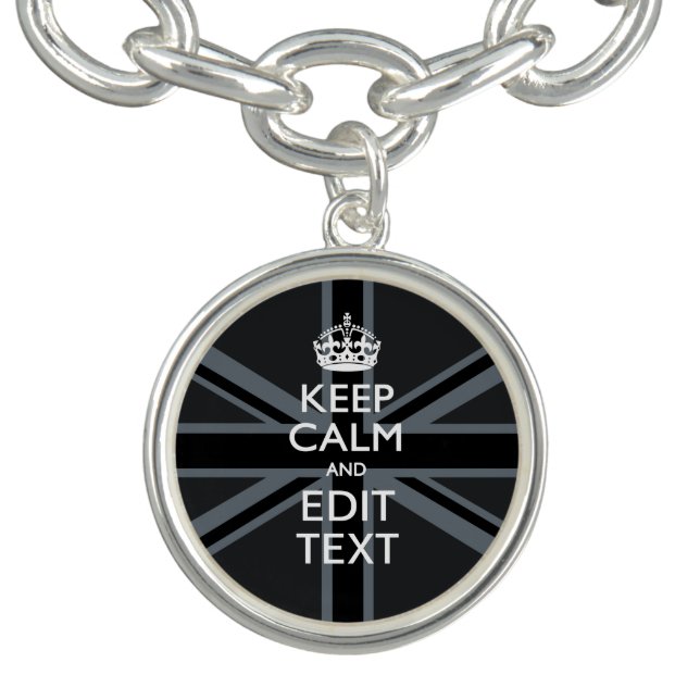Black on Black  Keep Calm and Your Text Union Jack Charm Bracelet (Design)