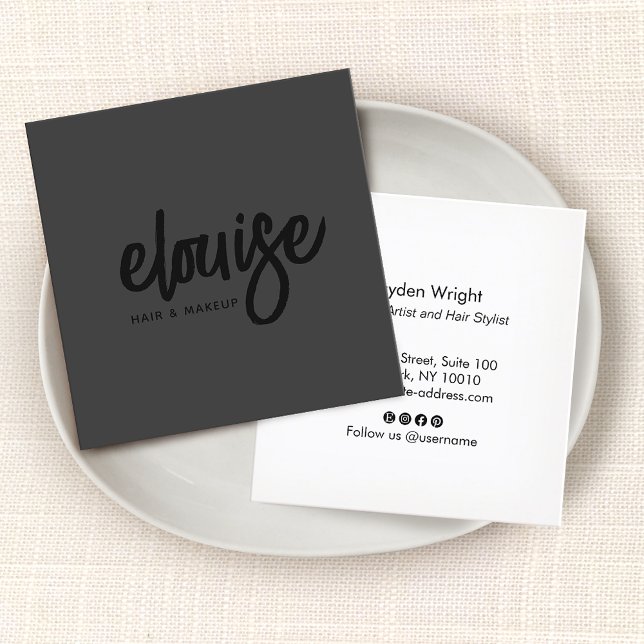 Black on Black Modern Brush Script Business Square Business Card (Creator Uploaded)