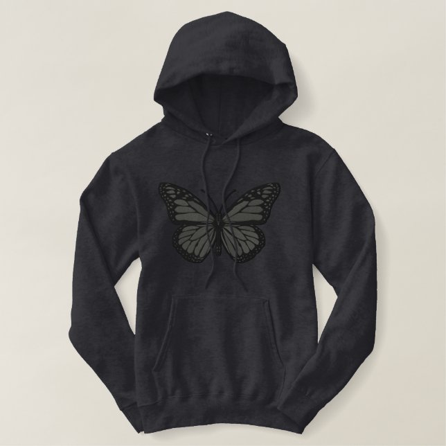 Black on Black Monarch Butterfly Embroidery Embroidered Hoodie (Design Front)