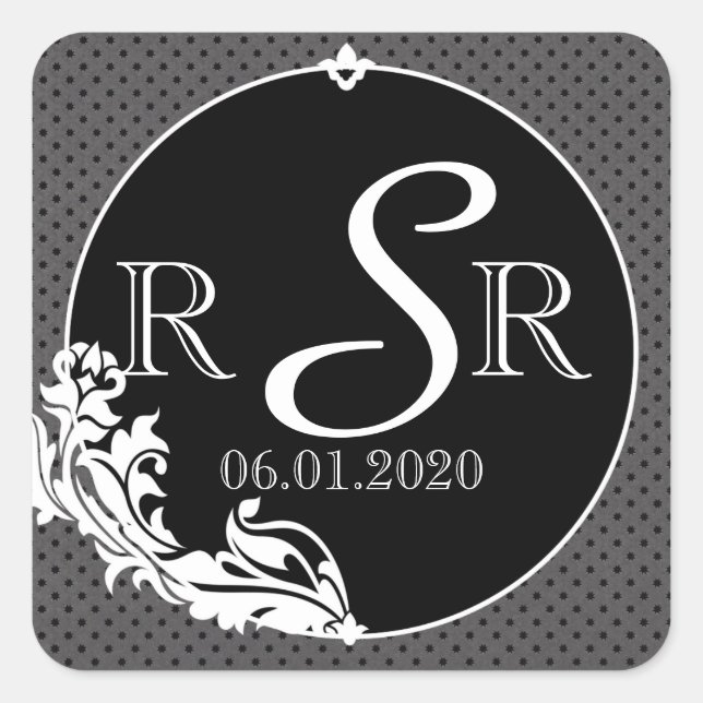 Black on Black Polka Dot Wedding Monogram Square Sticker (Front)