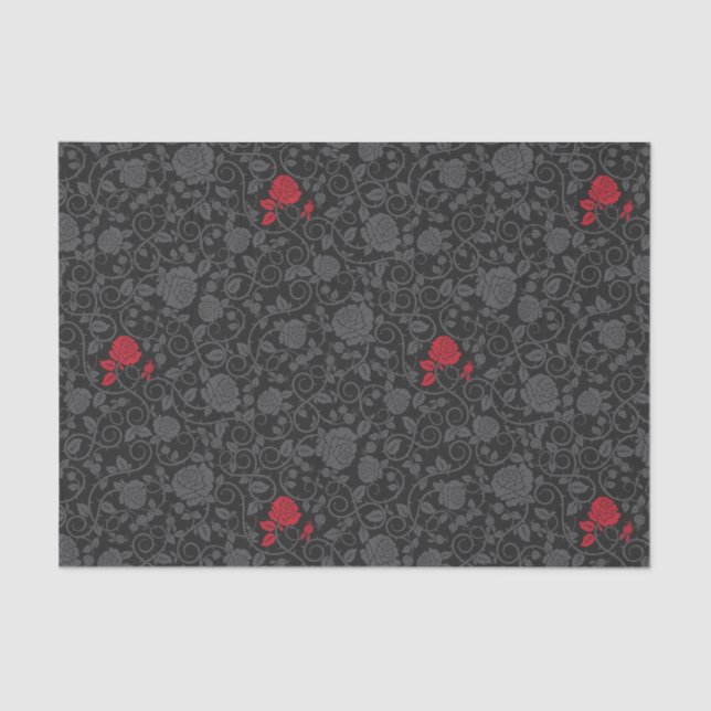Black on Black Red Rose Modern Damask Floral Tissue Paper (Front)