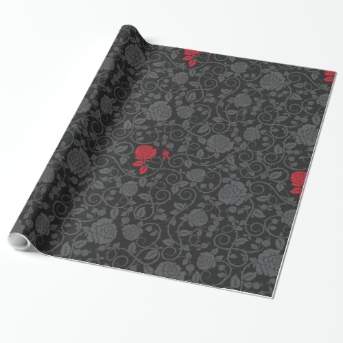 Black on Black Red Rose Modern Damask Floral Wrapping Paper