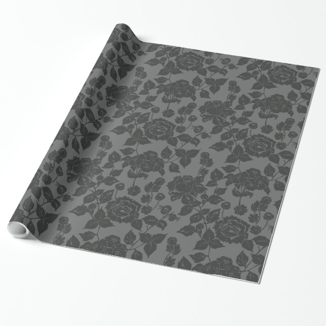 Black on Black Rose Damask Floral Wrapping Paper (Unrolled)