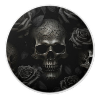 Black on Black Skull & Roses Gothic Design Ceramic Knob