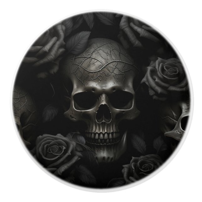 Black on Black Skull & Roses Gothic Design Ceramic Knob (Front)