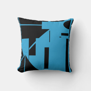 Black on Blue Human-like Stick Figure Abstract Art Throw Pillow
