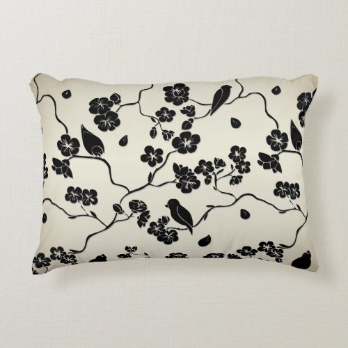 Black on Bronze Pattern Birds and Cherry Blossoms Accent Pillow