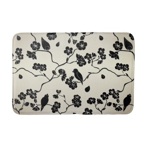 Black on Bronze Pattern Birds and Cherry Blossoms Bath Mat