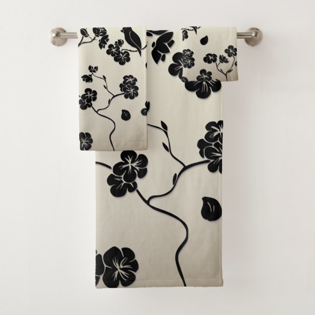 Black on Bronze Pattern Birds and Cherry Blossoms Bath Towel Set (Insitu)