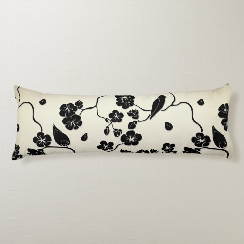 Black on Bronze Pattern Birds and Cherry Blossoms Body Pillow