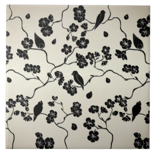 Black on Bronze Pattern Birds and Cherry Blossoms Ceramic Tile