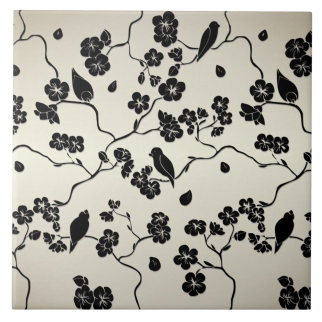 Black on Bronze Pattern Birds and Cherry Blossoms Ceramic Tile (Front)
