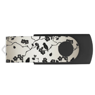 Black on Bronze Pattern Birds and Cherry Blossoms Flash Drive
