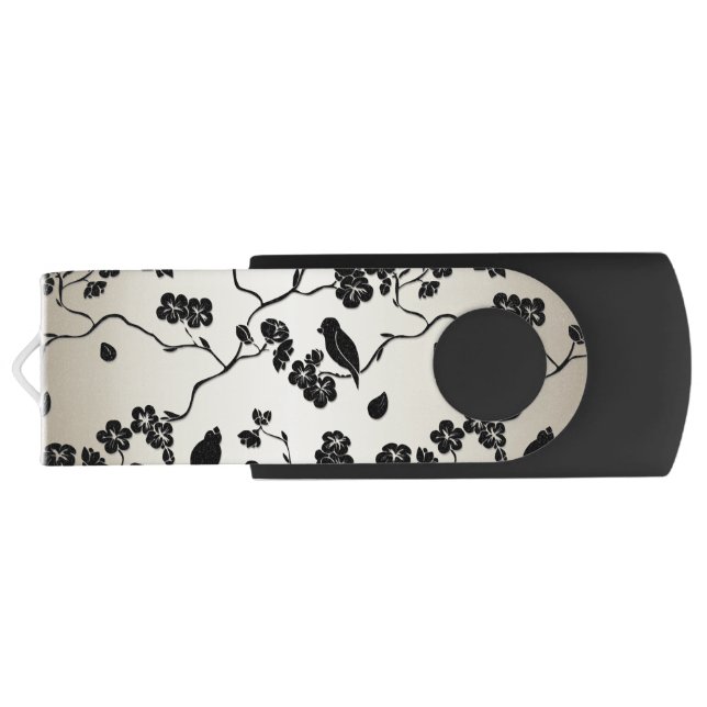 Black on Bronze Pattern Birds and Cherry Blossoms Flash Drive (Back)