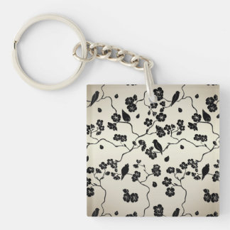 Black on Bronze Pattern Birds and Cherry Blossoms Keychain