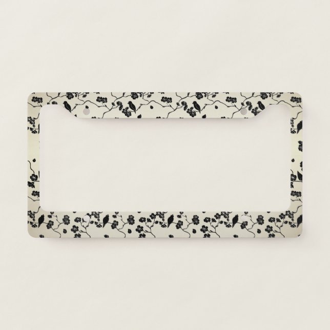 Black on Bronze Pattern Birds and Cherry Blossoms License Plate Frame (Front)