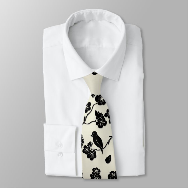 Black on Bronze Pattern Birds and Cherry Blossoms Neck Tie (Tied)
