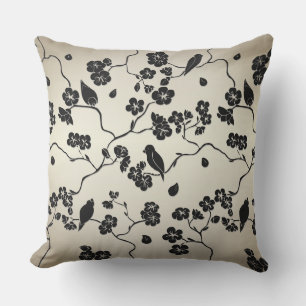 Black on Bronze Pattern Birds and Cherry Blossoms Outdoor Pillow