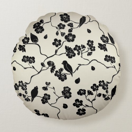 Black on Bronze Pattern Birds and Cherry Blossoms Round Pillow