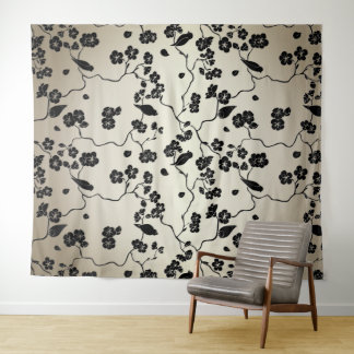 Black on Bronze Pattern Birds and Cherry Blossoms Tapestry