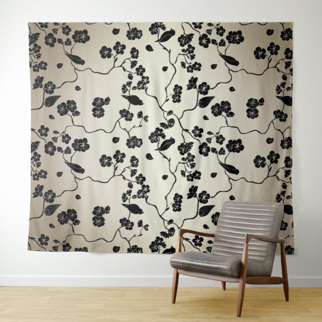 Black on Bronze Pattern Birds and Cherry Blossoms Tapestry (In Situ (Horizontal))
