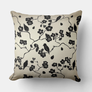 Black on Bronze Pattern Birds and Cherry Blossoms Throw Pillow