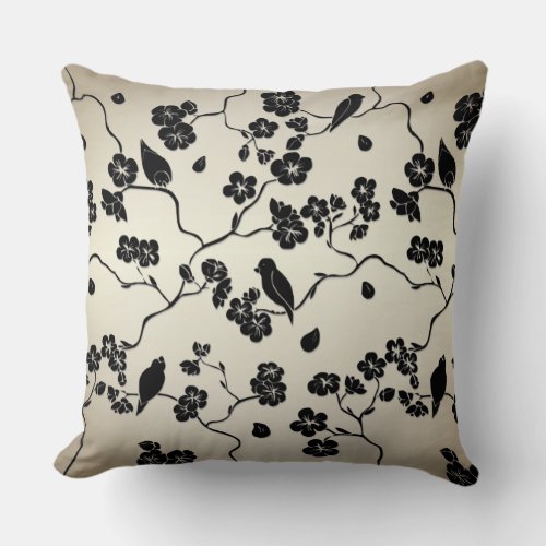 Black on Bronze Pattern Birds and Cherry Blossoms Throw Pillow