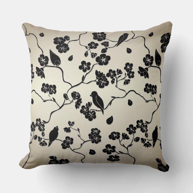 Black on Bronze Pattern Birds and Cherry Blossoms Throw Pillow (Front)