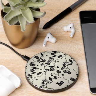 Black on Bronze Pattern Birds and Cherry Blossoms Wireless Charger