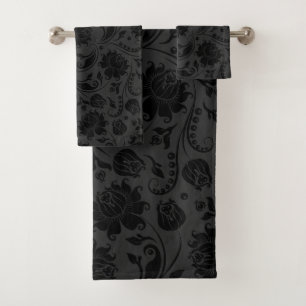 Black on gray damasks pattern bath towel set