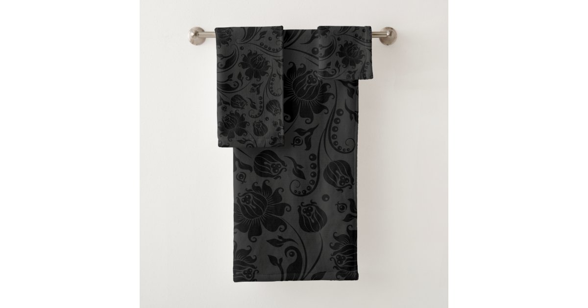 Black on gray damasks pattern bath towel set Zazzle