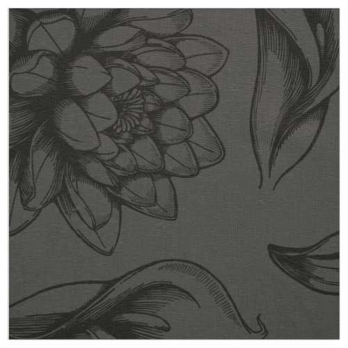 Black On Gray Vintage Flowers Drawing Fabric