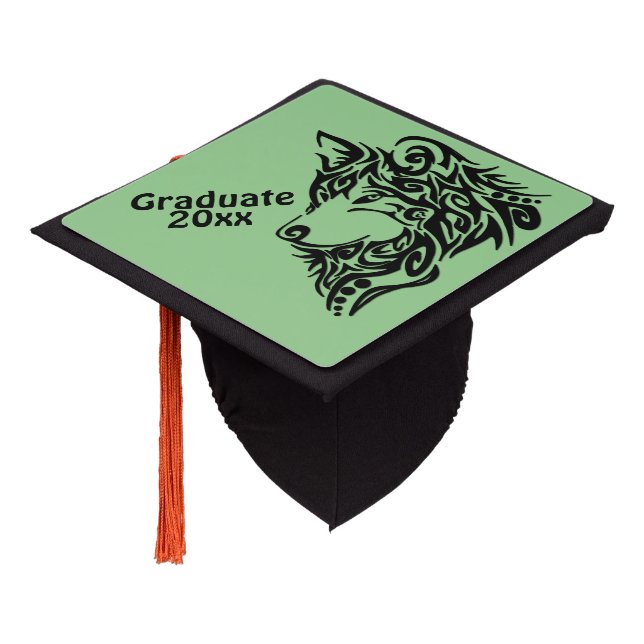 Black on Green Tribal Wolf Graduate Year Graduation Cap Topper (Angled)