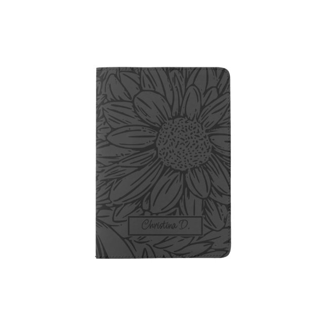 Black on Grey Chrysanthemums with Name Passport Holder (Front)