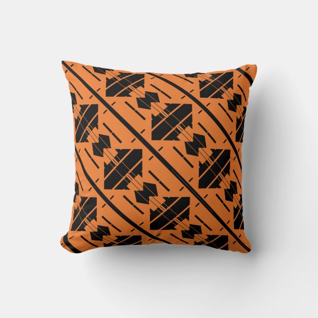 Black on Orange Diagonal Repeating Small Shapes Throw Pillow (Front)