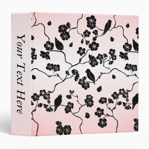 Black on Pink Pattern Birds and Cherry Blossoms  3 Ring Binder