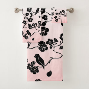 Black on Pink Pattern Birds and Cherry Blossoms  Bath Towel Set