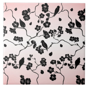 Black on Pink Pattern Birds and Cherry Blossoms Ceramic Tile