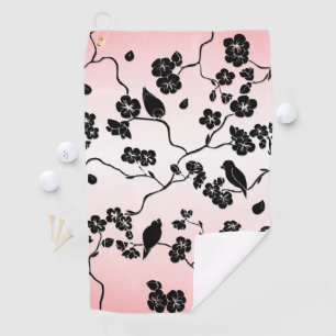Black on Pink Pattern Birds and Cherry Blossoms Golf Towel
