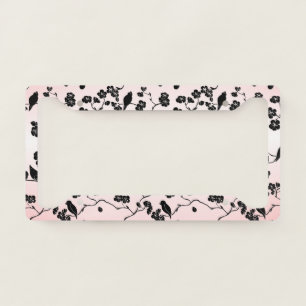 Black on Pink Pattern Birds and Cherry Blossoms License Plate Frame